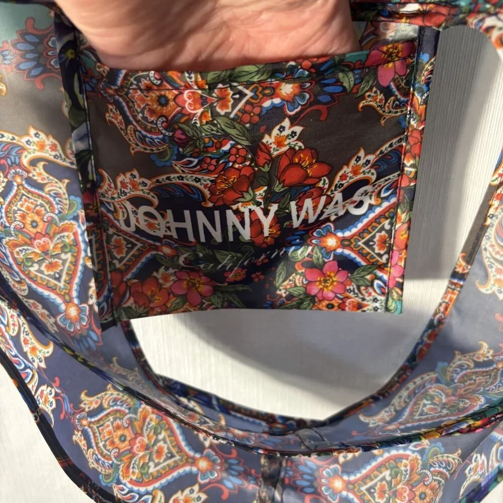 Johnny Was Reusable Foldable Floral Paisley Tote Bag Blue Multicolor Polyester - Picture 2 of 2